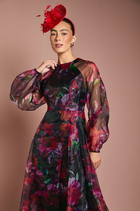 Organza Wrap Waist Puff Sleeve Midi Dress - Image 4