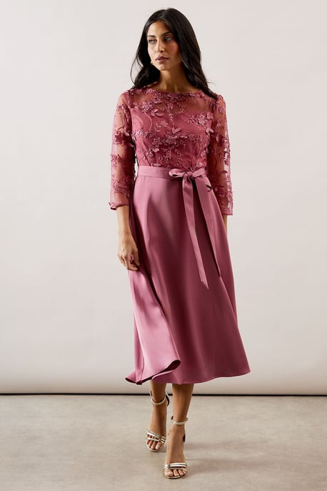 Occasion Satin And Mesh Overlay Fit And Flare Dress - Image 1