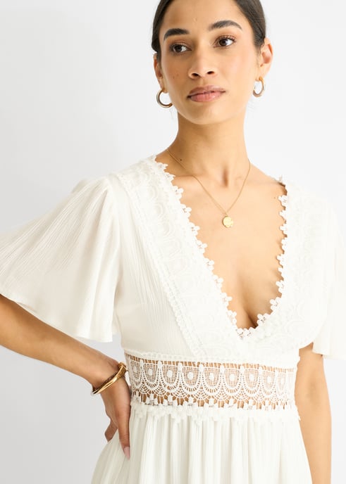 White Lace Trim Viscose Mini Skater Dress - Image 2
