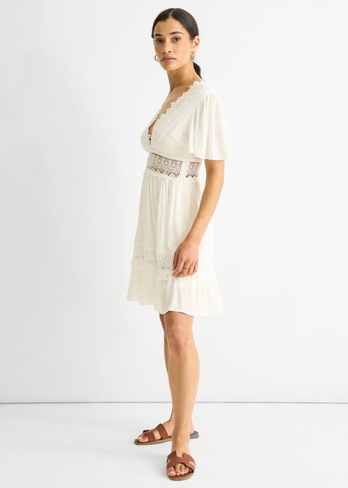 White Lace Trim Viscose Mini Skater Dress - Image 3