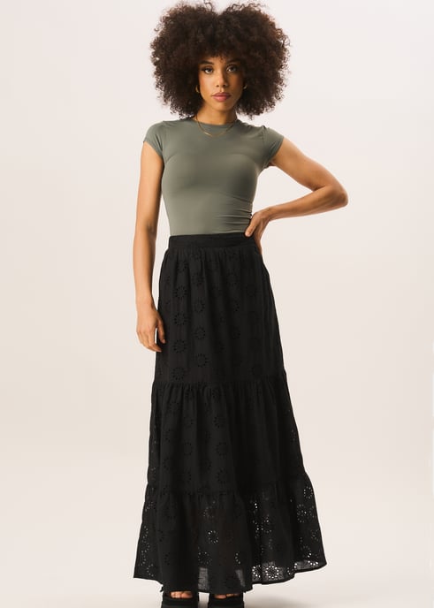 Black Tiered Lace Embroidered Long Skirt - Image 1