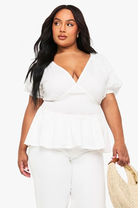 Plus Cotton Puff Sleeve Tie Back Smock Top - Image 1