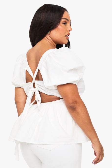 Plus Cotton Puff Sleeve Tie Back Smock Top - Image 2