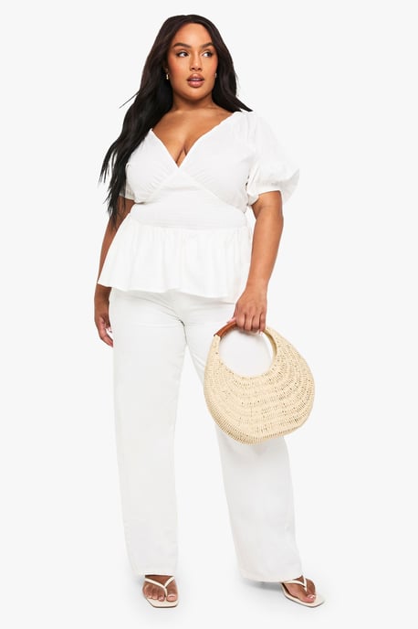 Plus Cotton Puff Sleeve Tie Back Smock Top - Image 3