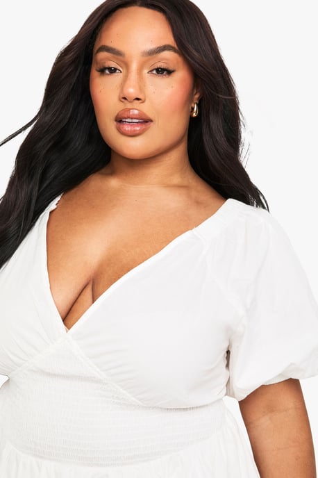 Plus Cotton Puff Sleeve Tie Back Smock Top - Image 4