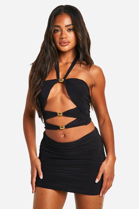 Double Slinky Cut Out Halter Neck Top and Mini Skirt - Image 1