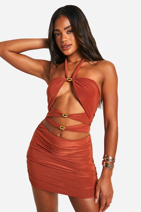 Double Slinky Cut Out Halter Neck Top and Mini Skirt - Image 1