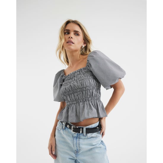 River Island Womens Petite Black Puff Sleeve Gingham Shirred Top - Image 1