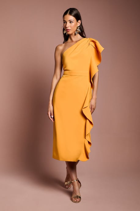 One Shoulder Ruffle Crepe Pencil Midi Dress - Image 1