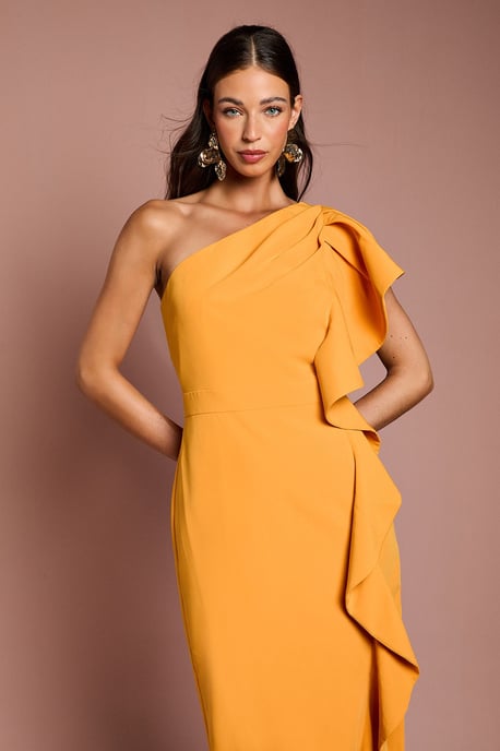 One Shoulder Ruffle Crepe Pencil Midi Dress - Image 2