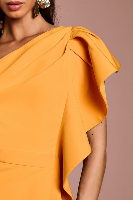One Shoulder Ruffle Crepe Pencil Midi Dress - Image 4