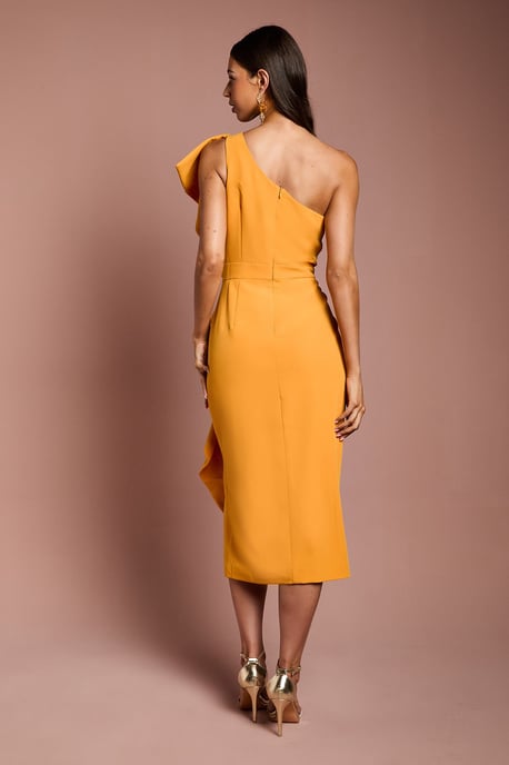 One Shoulder Ruffle Crepe Pencil Midi Dress - Image 5