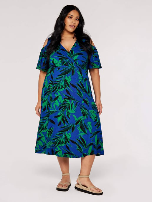 Apricot Curve Tropical Palm Midi Dress - Image 1
