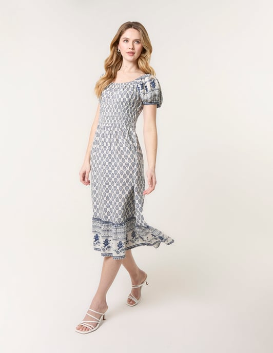 Border Print Puff Sleeve Midi Dress - Image 1