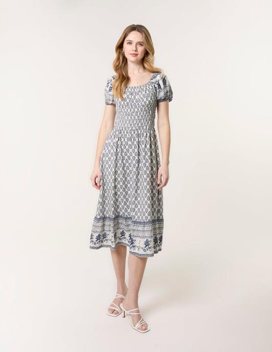 Border Print Puff Sleeve Midi Dress - Image 3