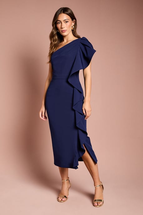 One Shoulder Ruffle Crepe Pencil Midi Dress - Image 1