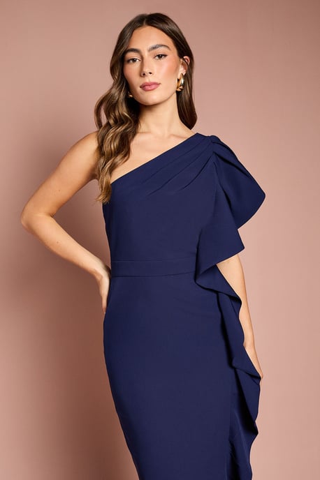 One Shoulder Ruffle Crepe Pencil Midi Dress - Image 2