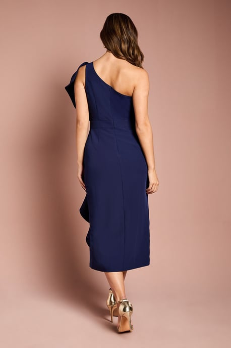 One Shoulder Ruffle Crepe Pencil Midi Dress - Image 4