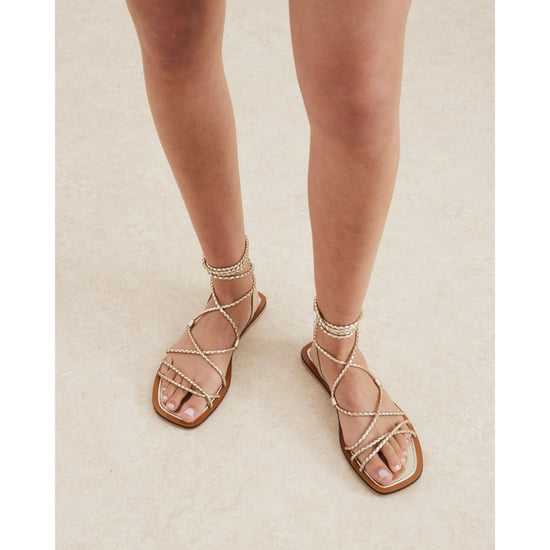 River Island Womens Sandals Gold Leather Plaited Tie Up Gladiator - Image 1