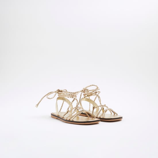 River Island Womens Sandals Gold Leather Plaited Tie Up Gladiator - Image 2