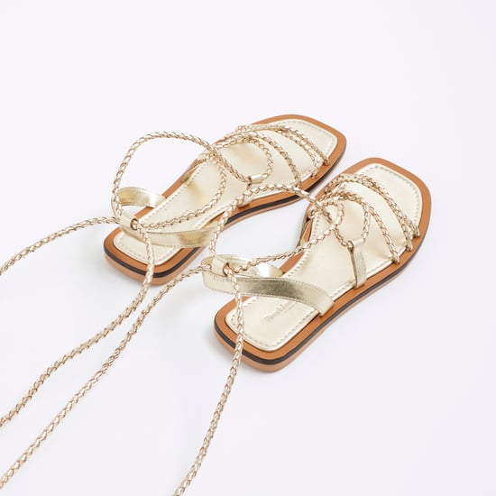 River Island Womens Sandals Gold Leather Plaited Tie Up Gladiator - Image 3