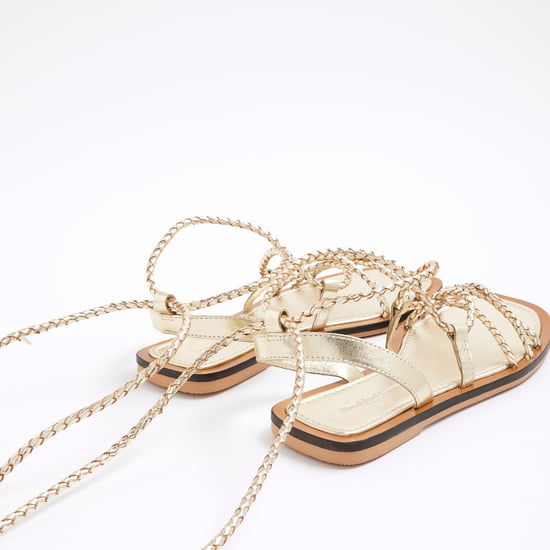 River Island Womens Sandals Gold Leather Plaited Tie Up Gladiator - Image 4