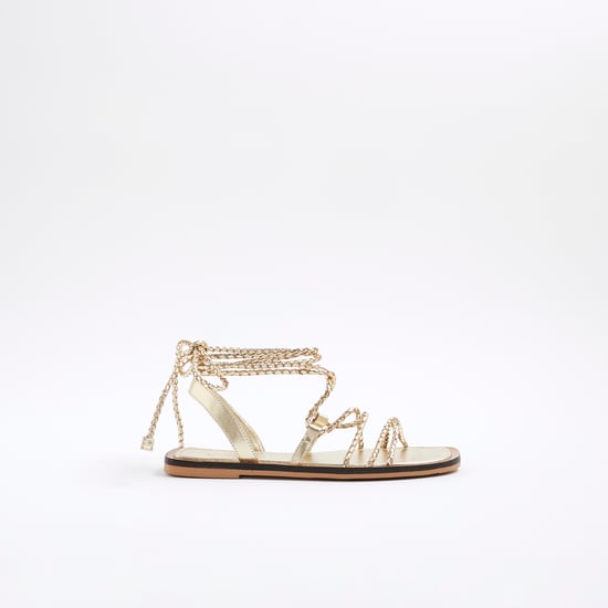 River Island Womens Sandals Gold Leather Plaited Tie Up Gladiator - Image 5