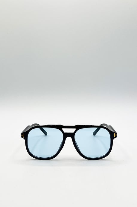 Oversized Navigator Sunglasses in Black with Blue Lenses - Image 1