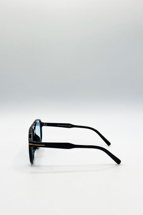 Oversized Navigator Sunglasses in Black with Blue Lenses - Image 3