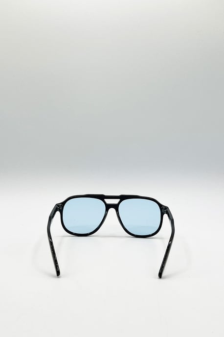 Oversized Navigator Sunglasses in Black with Blue Lenses - Image 6