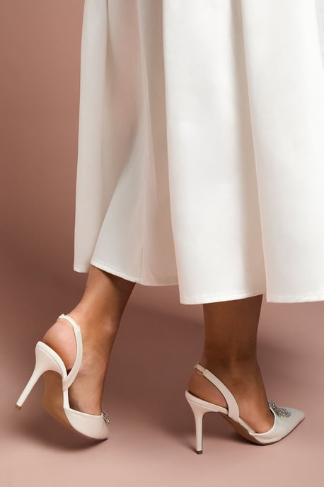 Bridal Wide Fit Scarlett Satin Diamante Bow Brooch Slingback High Stiletto Heel Court Shoes - Image 3