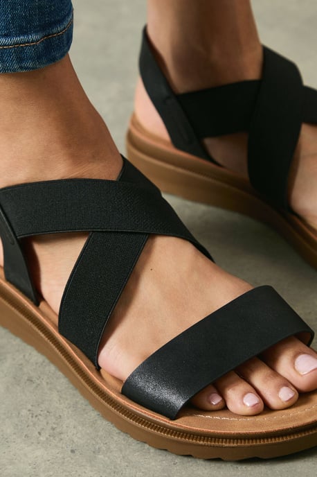 Good For The Sole: Wide Fit Ana Comfort Elastic Cross Strap Low Wedge Sandals - Image 4