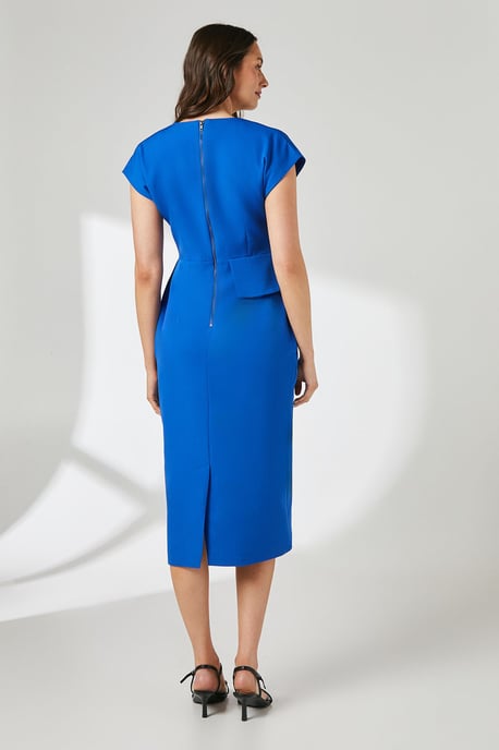 Blue Peplum Detail Crepe Pencil Dress - Image 3