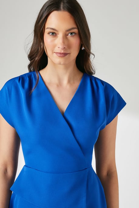 Blue Peplum Detail Crepe Pencil Dress - Image 4