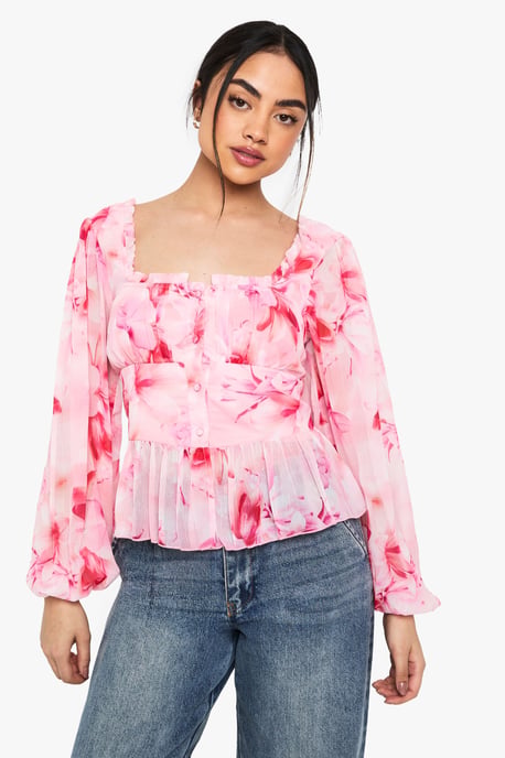Floral Print Ruffle Hem Woven Corset - Image 1