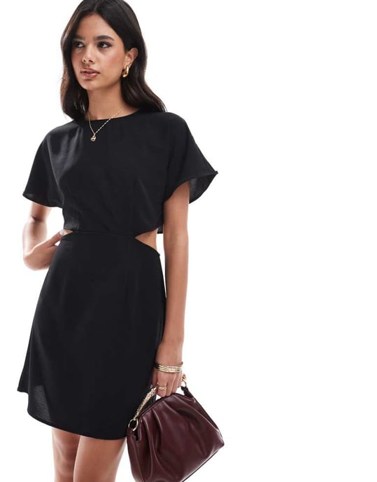 ASOS DESIGN cap sleeve workwear mini dress with cut out back in black - Image 4