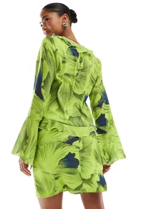 YAS tie side wrap mini skirt co-ord in lime print - Image 4