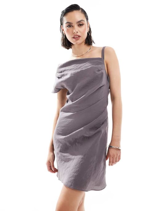 ASOS DESIGN fallen shoulder mini dress with thick strap detail in grey - Image 1
