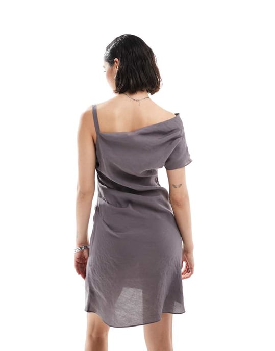 ASOS DESIGN fallen shoulder mini dress with thick strap detail in grey - Image 4