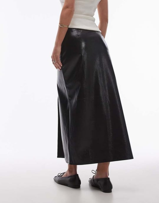 Topshop Petite vinyl double split midi skirt in black - Image 2