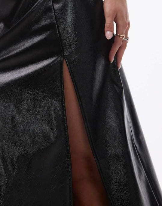 Topshop Petite vinyl double split midi skirt in black - Image 4