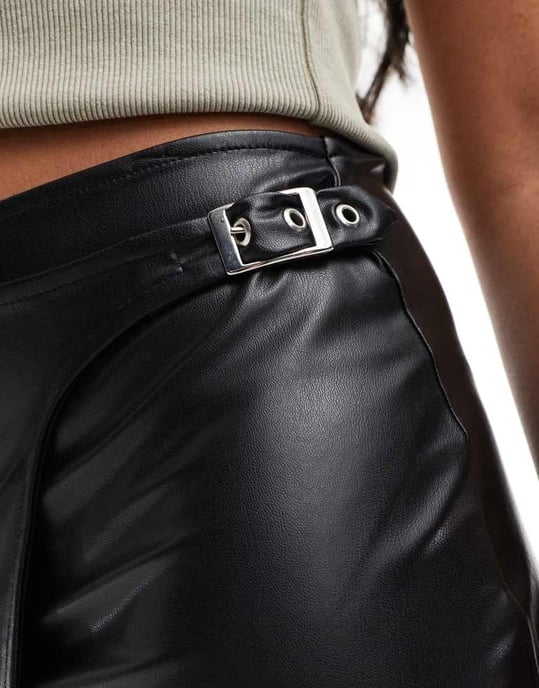 ASOS DESIGN leather look mini wrap skirt with belt in black - Image 3