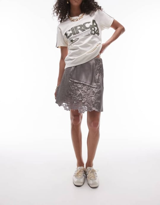 Topshop crinkle satin lace patchwork mini skirt in charcoal - Image 2
