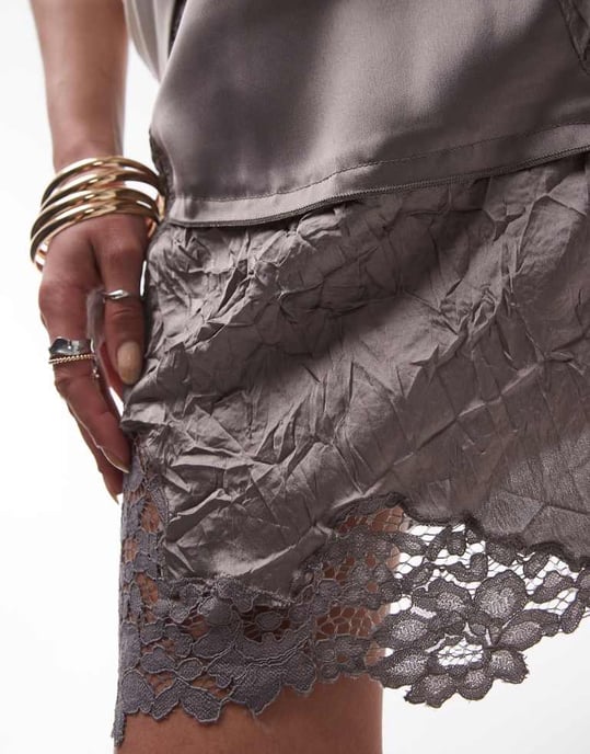 Topshop crinkle satin lace patchwork mini skirt in charcoal - Image 4