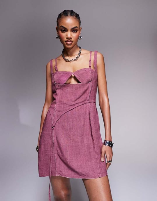 ASOS DESIGN exposed seaming bralet linen mini dress in burgundy - Image 2