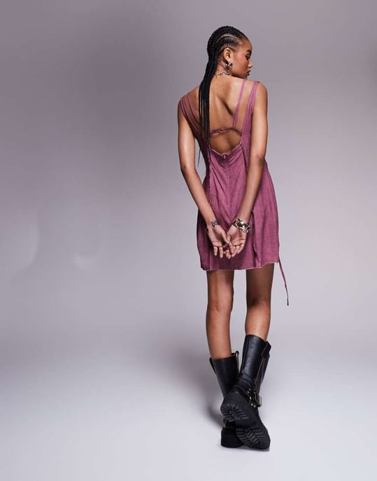 ASOS DESIGN exposed seaming bralet linen mini dress in burgundy - Image 4