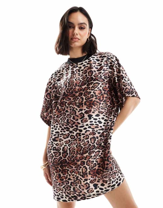 ASOS DESIGN satin oversized mini tshirt dress in leopard print - Image 1