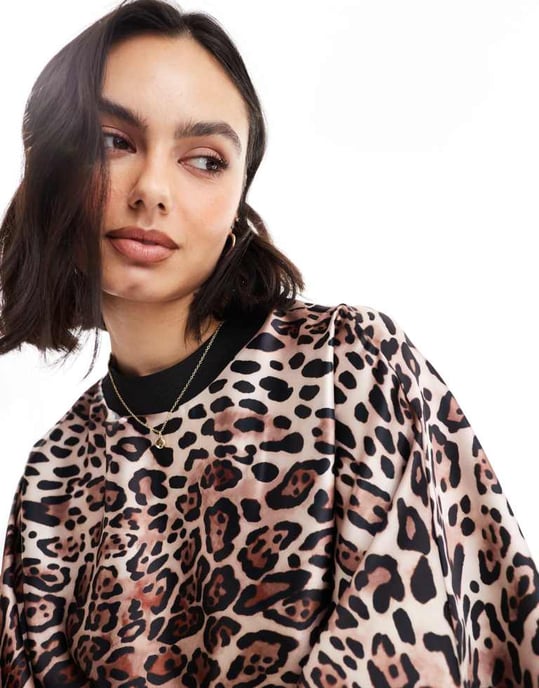 ASOS DESIGN satin oversized mini tshirt dress in leopard print - Image 4