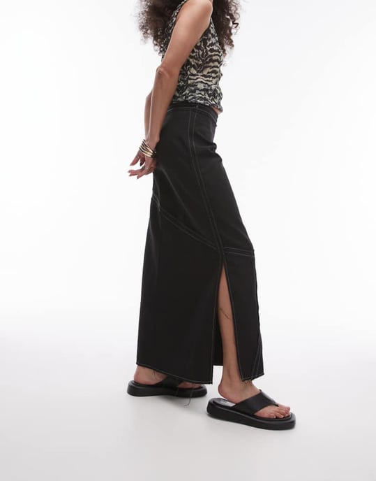 Topshop twill raw edge topstitch midi skirt in mono - Image 1
