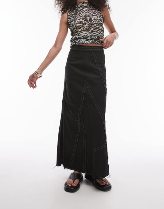 Topshop twill raw edge topstitch midi skirt in mono - Image 3